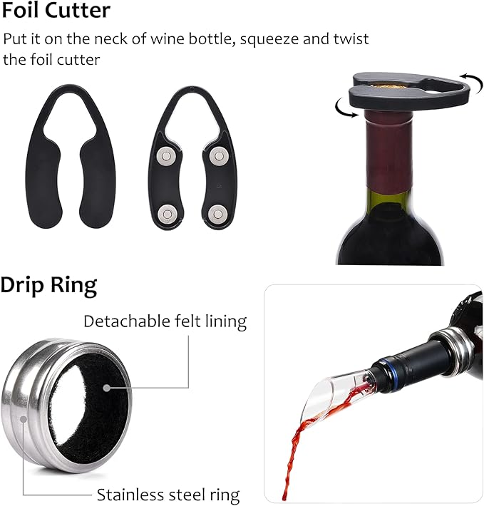 Tirrinia Electric Wine Opener Set, Wine Bottle Cork Remover Accessory Tool Kit with Wine Aerator Pourer,Foil Cutter, Drip Ring and Vacuum Stopper, Perfect Wine Gift, Blue