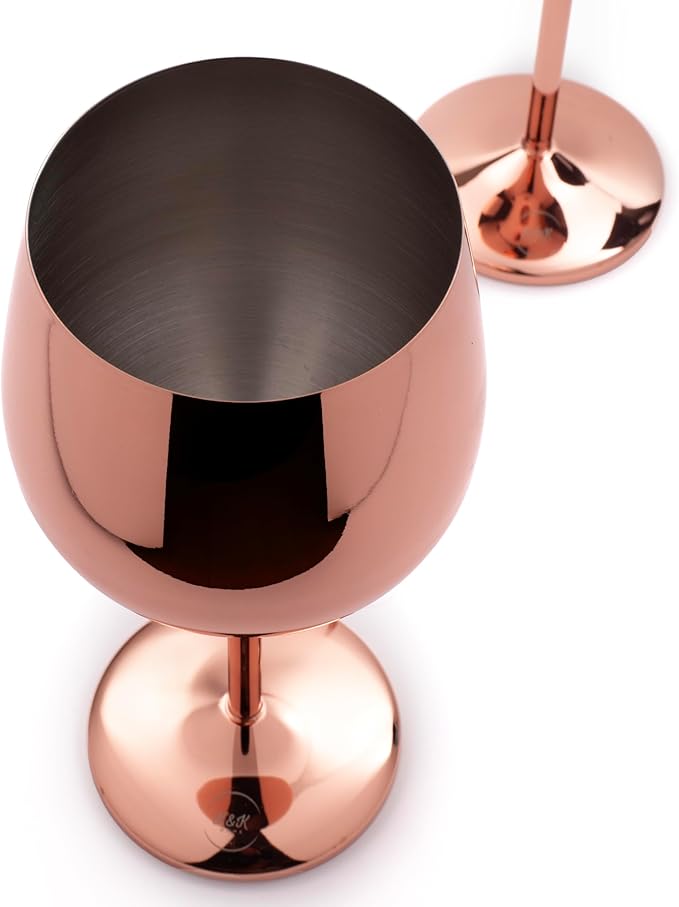K&K Home Rose Gold Stainless Steel Unbreakable Wine Glasses - 18 oz - Set of 2 Colored, Stemmed Metal Wine Glasses Perfect for Outdoors, Weddings, and Parties (Rose Gold, Set of 2)