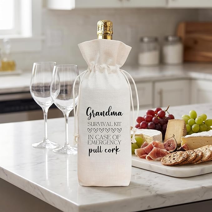 Grandma Gift Wine Bag from Grandkids, Funny Survival Kit Linen Drawstring Wine Bottle Cover, Reusable Wine Gift Pouch for Grandma Mother's Day Birthday Christmas Grandparents Day - A01