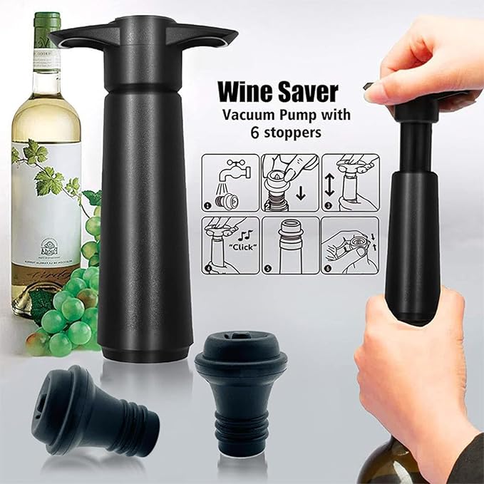 Wine Saver Vacuum Pump with 6 Stoppers, Wine Pump and Wine Vacuum Stopper, Reusable Bottle Sealer Keeps Fresh