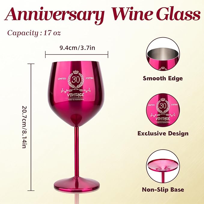 30th Birthday Gifts Wine Glass for Her Women, Stainless Steel Metal Unbreakable Decoration Glasses Rose Red Cup 17oz with Vintage Print-Unique 30 Year Old Present for Mom Wife Sister Friend