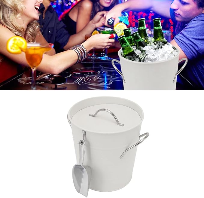 Round Ice Bucket with Ice Shovel, Bar Ice Tub Beer Chiller Bin, Double Wall Galvanized Sheet and Plastic Wine Storage Tub with Handle and Lid for Home Bar Party Use (White)