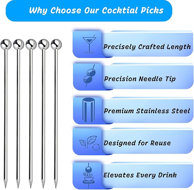 10Pcs Cocktail Picks, Stainless Steel Metal Martini Picks, Skewers for Appetizers & Toothpicks for Appetizers, Reusable Cocktail Picks for Drinks, Olives & Fruit