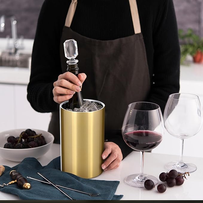 Potchen 6 Pack Wine Chiller Bucket Wine Bottles Cooler Bulk, Stainless Steel Double Wall Insulated Champagne Ice Bucket for Parties,Fits for 750 ml Bottles (Gold)
