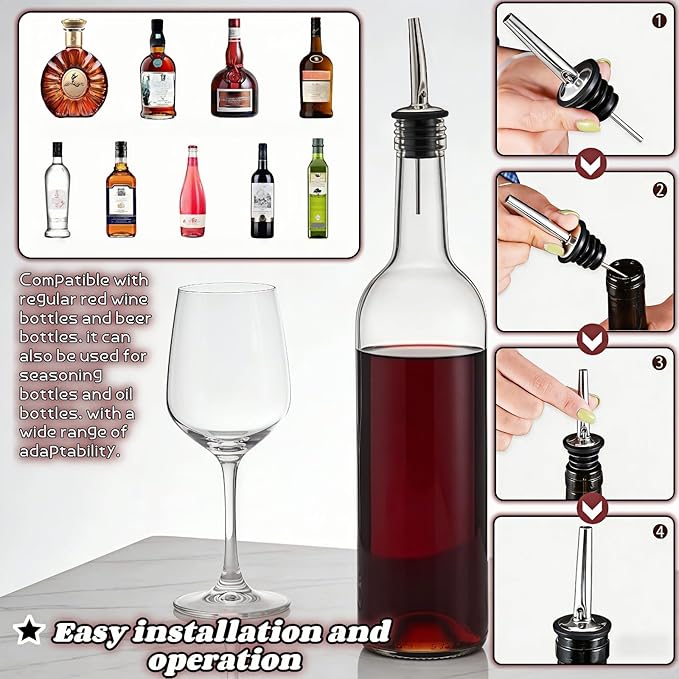 4-Pack Stainless Steel Wine & Oil Bottle Pourer Set - Precision Flow Control Spout with Anti-Drip Seal & Dust Cap for Liquor, Vinegar, Olive Oil - Bar Kitchen Tool by Yayaboqu