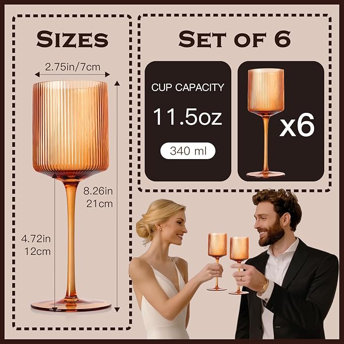 Amber Colored Square Wine Glasses Set of 6, Elegant Ribbed Design Amber Crystal Glassware with Long Stem, 11.5oz Hand Blown Red & White Wine Stemware For Home Dinner Party Wedding Housewarming Gift