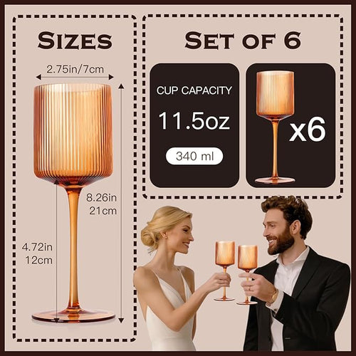 Amber Colored Square Wine Glasses Set of 6, Elegant Ribbed Design Amber Crystal Glassware with Long Stem, 11.5oz Hand Blown Red & White Wine Stemware For Home Dinner Party Wedding Housewarming Gift