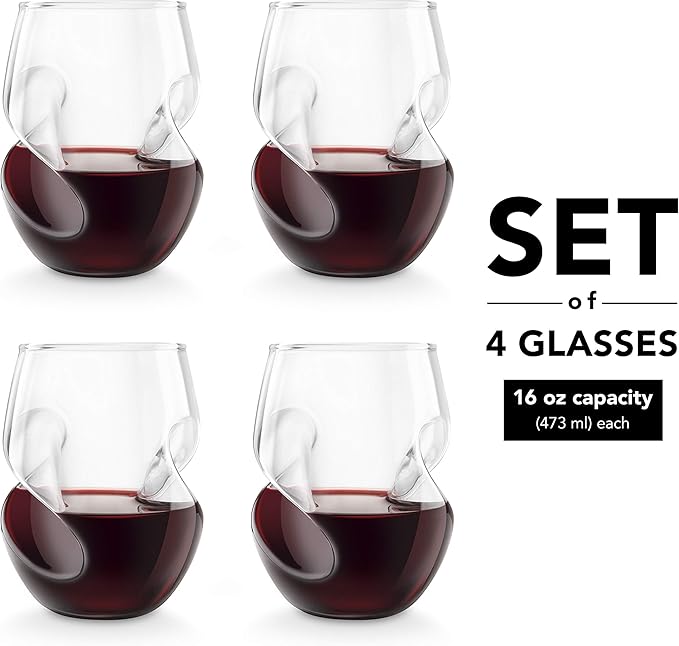 Final Touch Conundrum Red Wine Glasses - Set of 4 Stemless Handcrafted Glasses - 16 Ounce - Curves for Comfortable Holding - Dishwasher Safe (GG5009)