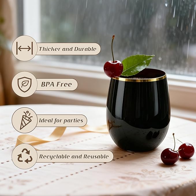 GuanQiao 24 Pack Plastic Wine Glasses with Gold Rim, 12oz Black Stemless Disposable Wine Cups, Shatterproof & BPA-Free Reusable Drinkware for Wedding, Party, New Year and Bridal Shower