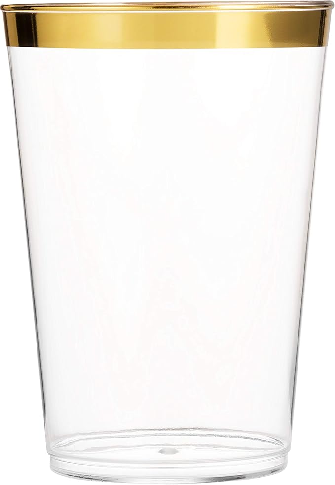 Munfix 100 Gold Plastic Cups 14 Oz Clear Tumblers Gold Rimmed Fancy Disposable Wedding Elegant Party Cups with Gold Rim