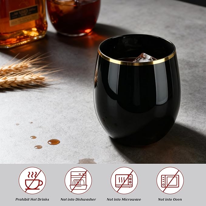 GuanQiao 24 Pack Plastic Wine Glasses with Gold Rim, 12oz Black Stemless Disposable Wine Cups, Shatterproof & BPA-Free Reusable Drinkware for Wedding, Party, New Year and Bridal Shower
