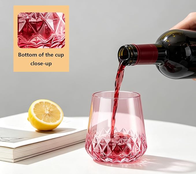 Lueumxc 40 Pack Pink Plastic Wine Glasses, 14Oz Rhombus Disposable Wine Glasses Unbreakable Clear Plastic Cocktail Glasses Recyclable Shatterproof Reusable Wine Cups