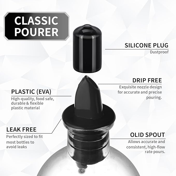 2 PCS Bottle Pourers And 2 PCS rubber pourers dust cap covers Syrup Pourer Pour Spouts Plastic Liquor Bottle Pourers with Rubber Pourers Dust Cap Covers Bottle Pourers (Black)