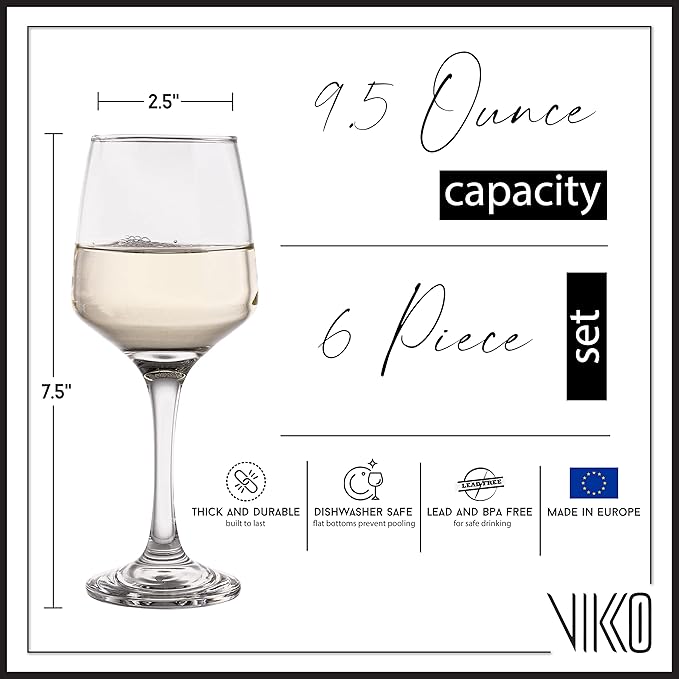 Vikko Wine Glasses, 9.5 Ounce White Red Wine Glasses Set of 6, Lead-Free Premium Crystal Clear Glass, Elegant Style Long Stem Wine Glasses, Great Wedding, Houswarming, Holiday Gift