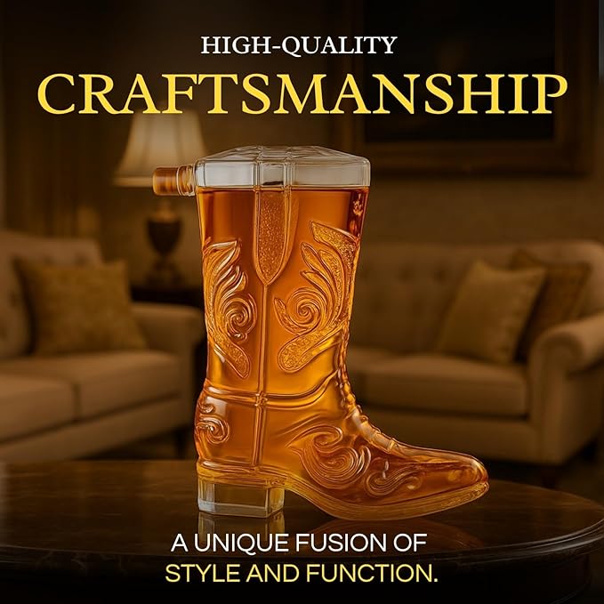Western Cowboy Boot Whiskey Decanter 27oz – Unique Handcrafted Glass Liquor Bottle, Collectible Barware Birthday, Christmas, Gift for Men, Dad, Husband, Bourbon, Tequila, Scotch, Fathers Day, Home Bar