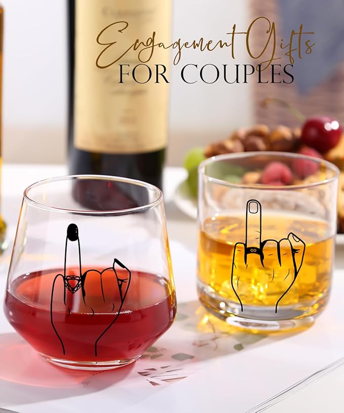 Wedding Gifts for Couples，Engagement Gifts for Newly Engaged Couples, Unique Bridal Shower,Valentine's Day Gifts,14oz Whiskey Wine Glasses with Diamond Wine Stopper Set