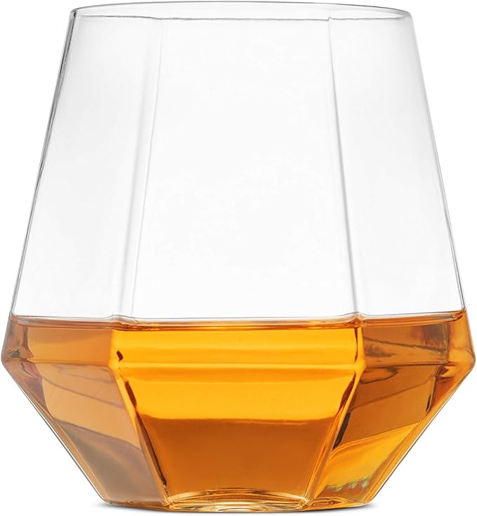Munfix Plastic Stemless Wine Glasses 32 Pack - Diamond Shaped Unbreakable Disposable 12 Oz Clear Plastic Wine Champagne Whiskey Cups, Shatterproof Recyclable and BPA-Free