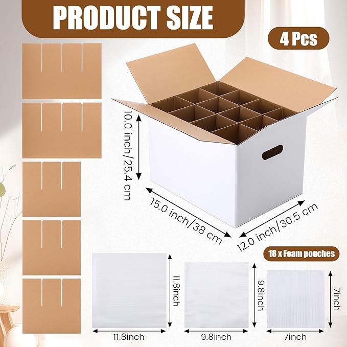 MotiMind 4 Sets Wine Glass Moving Boxes with Divider Kitchen Moving Boxes 15 x 12 x 10 Inches Glassware Packing Box with 18 Foam Pouches for Glasses Packing Supplies