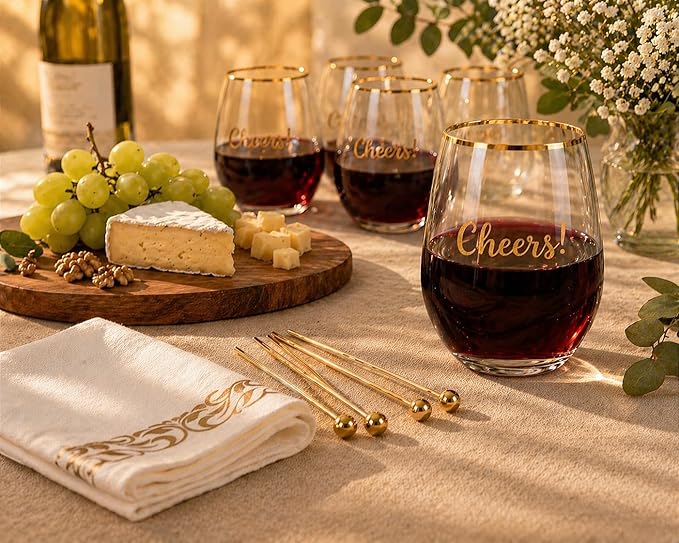 Plastic Wine Glasses Stemless Disposable 12 oz with Gold Rim - 30 Guests Party Drinkware Set, 30 Plastic Cups, 30 Napkins & 50 Cocktail Picks - BPA-Free, Shatterproof, Reusable, Recyclable