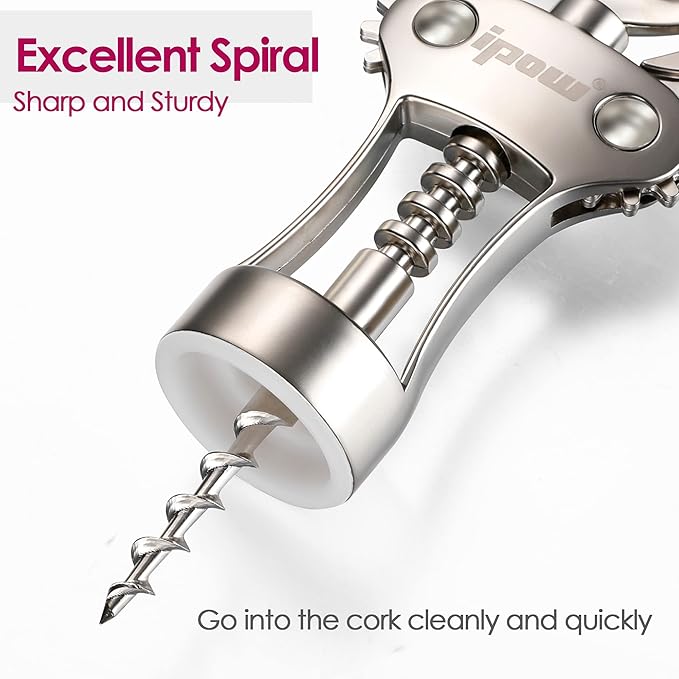IPOW Wine Opener, Zinc Alloy Wine Bottle Opener, Wing Corkscrew Heavy Duty, Manual Multifunctional Cork Screw for Waiter, Satin Nickel