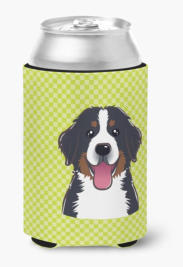 Caroline's Treasures BB1299CC Checkerboard Lime Green Bernese Mountain Dog Can or Bottle Hugger Cooler Washable Drink Sleeve Collapsible Beverage Insulated Holder, Can Hugger, Multicolor