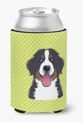 Caroline's Treasures BB1299CC Checkerboard Lime Green Bernese Mountain Dog Can or Bottle Hugger Cooler Washable Drink Sleeve Collapsible Beverage Insulated Holder, Can Hugger, Multicolor