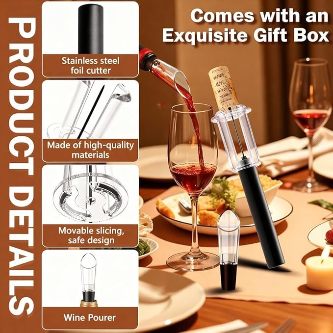 Air Pressure Wine Bottle Opener and Wine Pourer 2 Pieces Set - NUCOKRS Pump Corkscrew, Effortlessly Opens Bottles in 3-7 Pumps, No Electricity, Easy to Use, Gift for Wine Lovers