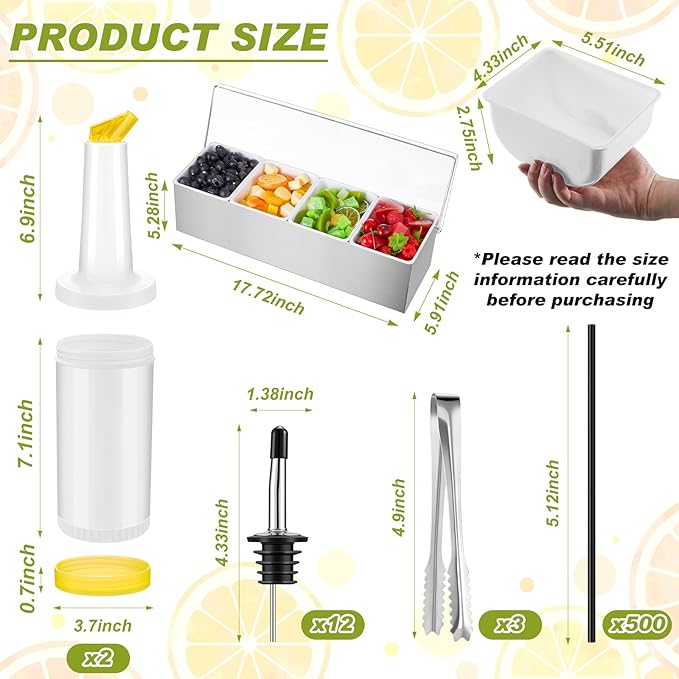 Mifoci Bartending Supplies 4 Compartments Garnish Tray with Lid Bar Caddy 3 Tier Glass Rimmer Stainless Steel Bottle Pourers Juice Pouring Cocktail Tools Stainless Steel Serving Accessories
