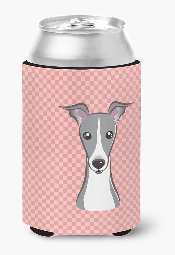 Caroline's Treasures BB1236CC Checkerboard Pink Italian Greyhound Can or Bottle Hugger Cooler Washable Drink Sleeve Collapsible Beverage Insulated Holder, Can Hugger, Multicolor