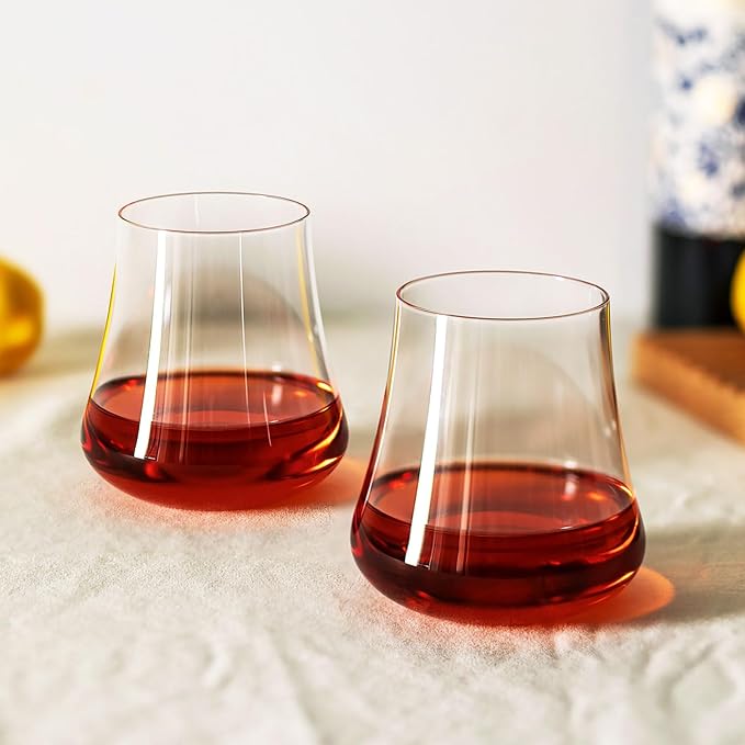 Stemless Wine Glasses Set of 4: 15oz Clear Hand Blown Crystal No Stem Red Wine Glass Cups for Birthday Wedding Party - Unique Gifts for Women
