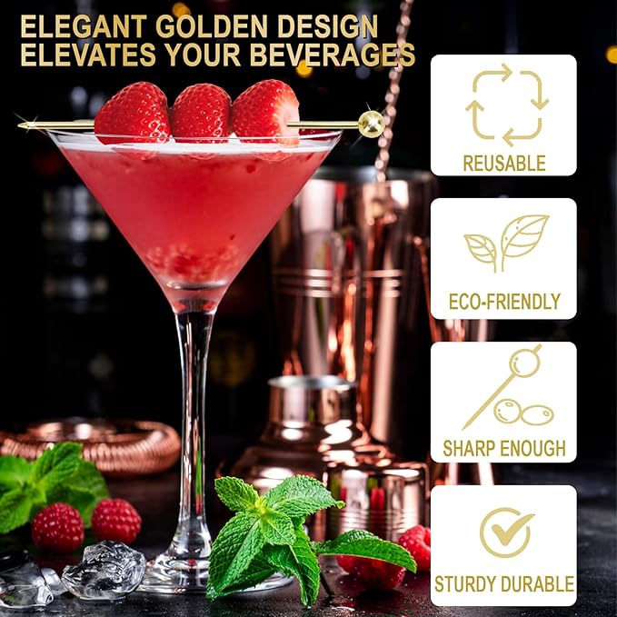 15PCS Gold Cocktail Picks for Drinks, Stainless Steel Fancy Cocktail Toothpicks, Reusable Metal Cocktail Skewers, 4.3 IN Party Garnish Sticks Martini Picks for Olives Appetizers Fruit Bloody Mary