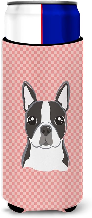 Checkerboard Pink Boston Terrier Ultra Beverage Insulators for slim cans BB1203MUK