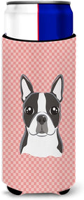 Checkerboard Pink Boston Terrier Ultra Beverage Insulators for slim cans BB1203MUK