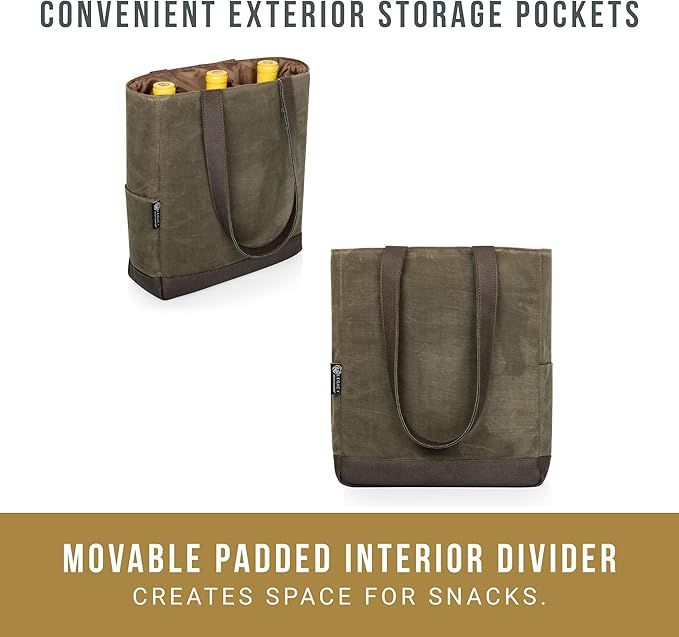 PICNIC TIME 2 and 3 Bottle Insulated Wine Bag, Distressed Waxed Canvas Wine Tote, Durable Bottle Carrier Bag for Gifts and Travel with Side Pockets & Removable Divider (Khaki Green with Brown Accents)