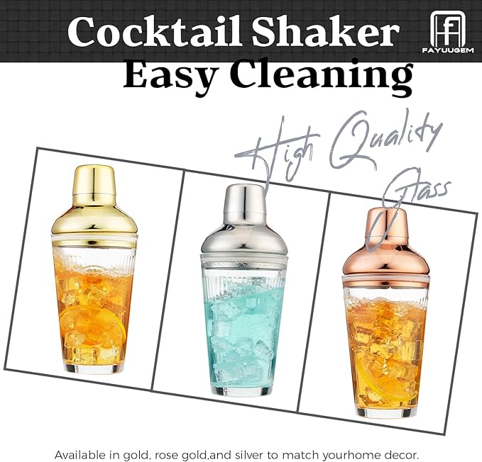 Glass Cocktail Shaker, 17oz Leak-Proof Martini Shaker with Built-in Strainer, Thick Ribbed Drink Shaker Bar Tool for Home Bartending and Aesthetics, Rose Gold