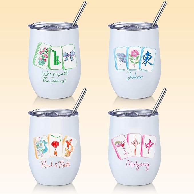 Patelai 4 Pack 12 oz Mahjong Tumbler Set with Tiles Print, Mah Jong Stainless Steel Glasses with Lid Insulated Tumblers, Accessories Gifts for Mahjong Game Birthday Party Gifts