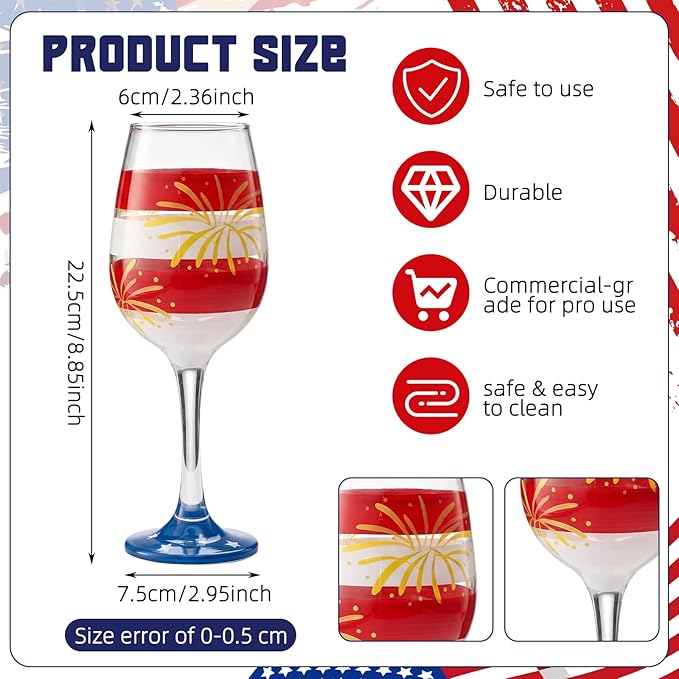 SiliFine 4 Pcs 4th of July Patriotic Party Stemmed Wine Glasses Hand Painted American Flag Stripes Fireworks Drinking Cup Wine Glasses Gifts for Independence Day Theme Holiday Party Supplies