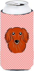 Caroline's Treasures BB1214TBC Checkerboard Pink Longhair Red Dachshund Tall Boy Hugger Can Cooler Sleeve Hugger Machine Washable Drink Sleeve Hugger Collapsible Insulator Beverage Insulated Holder