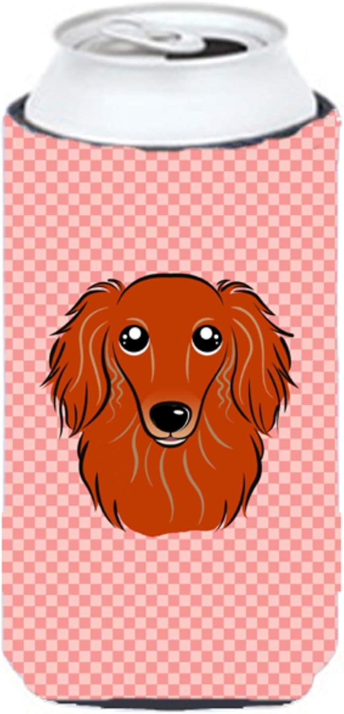 Caroline's Treasures BB1214TBC Checkerboard Pink Longhair Red Dachshund Tall Boy Hugger Can Cooler Sleeve Hugger Machine Washable Drink Sleeve Hugger Collapsible Insulator Beverage Insulated Holder