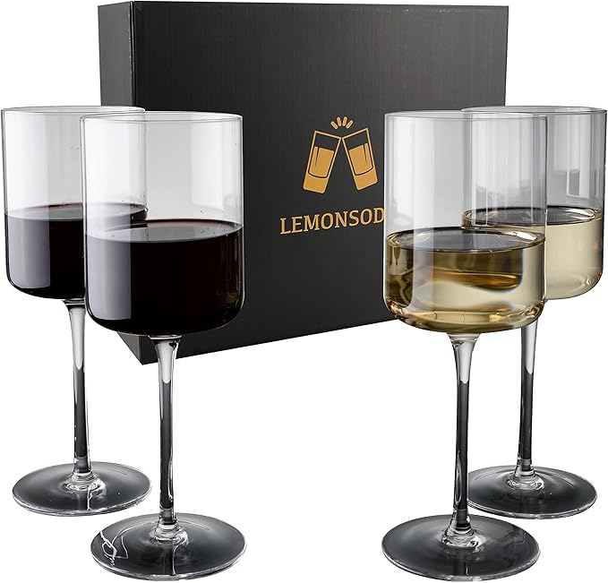 LEMONSODA Luxury Wine Glasses - Elegant Crystal Straight Edge Design - Enjoy Red or White Wine + Cocktails - 450ml (15oz) Lead-Free - Beautiful Housewarming Gift - Elegant Gift for Women (Set of 4)