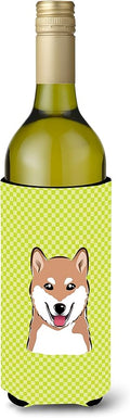 Caroline's Treasures BB1287LITERK Checkerboard Lime Green Shiba Inu Wine Bottle Hugger Bottle Cooler Sleeve Hugger Machine Washable Collapsible Insulator Beverage Insulated Holder