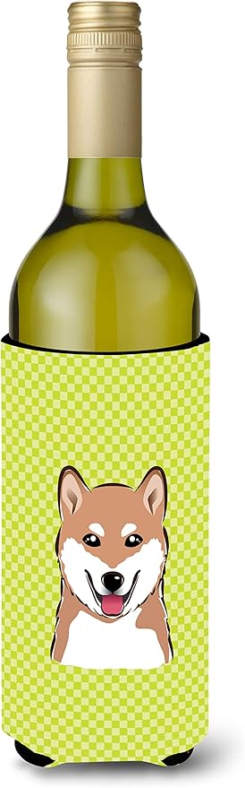 Caroline's Treasures BB1287LITERK Checkerboard Lime Green Shiba Inu Wine Bottle Hugger Bottle Cooler Sleeve Hugger Machine Washable Collapsible Insulator Beverage Insulated Holder