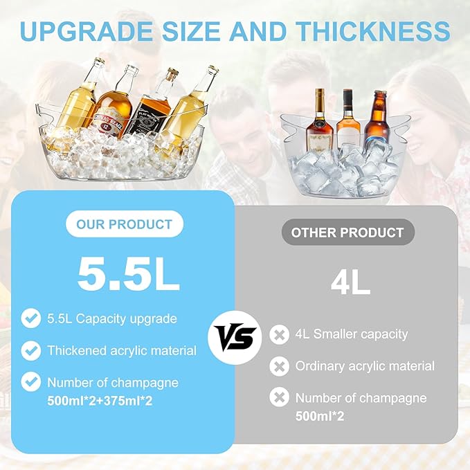 4-Pack Ice Buckets for Parties - Extra Large 5.5L Clear Beverage Tubs with Scoops, Perfect for Champagne, Beer, Sparkling Wine, and Cocktails - Mimosa Bar Supplies