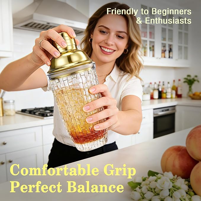 Cocktail Shaker Set - Gold Drink Shaker Bottle with Muddler Professional Martini Shaker Glass for Home Bartender 13.5 Oz Drink Mixer with Measuring Jigger and Built-In Strainer