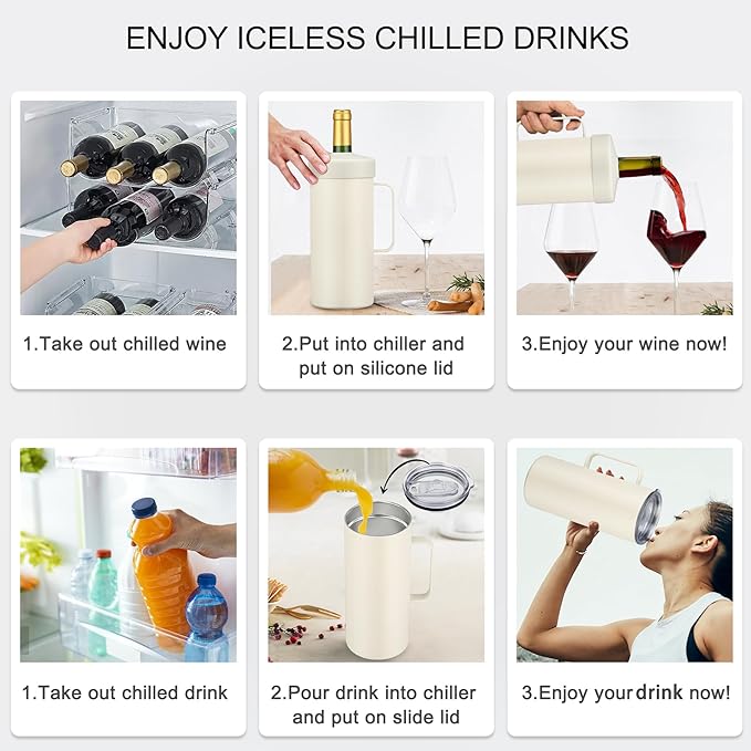 MAXSO 42oz Wine Chiller Iceless Cooler Tumbler - Gift for Wine Lovers, 2-IN-1 Stainless Steel Vacuum Insulated Bucket Portable Mug Cup Wine Accessory Keep Cold, Fit Most 750ml Wine & Champagnes, White