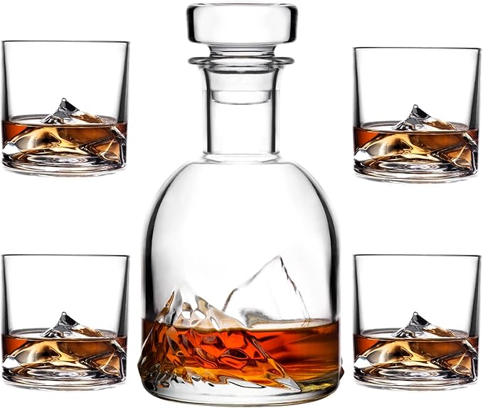LIITON Everest Mountain Whiskey Decanter Set – 34oz Mountain Crystal Glass Decanter with 4 Old Fashioned Glasses – Premium Gift for Men – Bourbon, Scotch, and Liquor Lovers