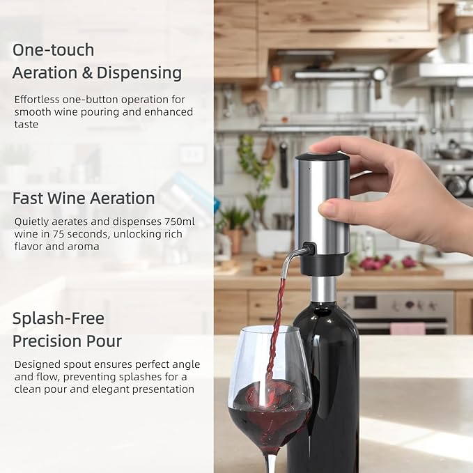 Rechargeable Electric Wine Aerator and Dispenser Set, Electric Wine Decanter with 2 Vacuum Wine Stoppers, Charging Base, Stainless Steel, Wine Pourer