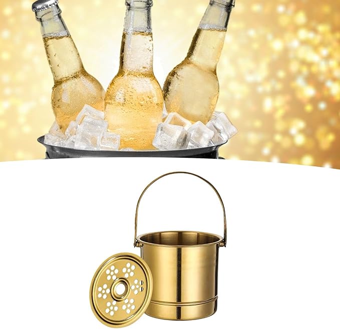 1L Ice Bucket, Metal Double Wall Ice Bucket with Filter Plate and Carrying Handle Stainless Steel Insulated Ice Bucket Golden for Cocktail Bar Wine Parties Champagne Bucket(14x13.8x12.5cm)