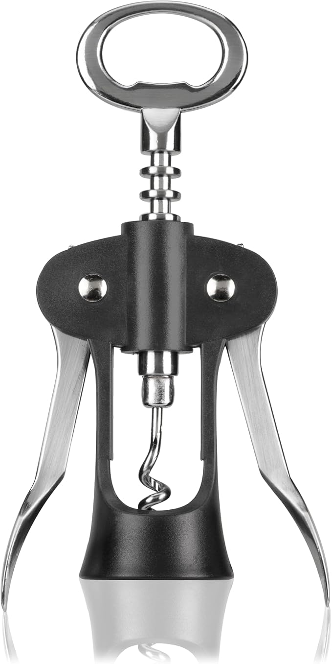 Innovine Winged Corkscrew – Self-Centering Wine Bottle Opener with Ergonomic Wing Levers, Satin Silver and Black Finish, Integrated Bottle Opener, and Durable Construction – Set of 1