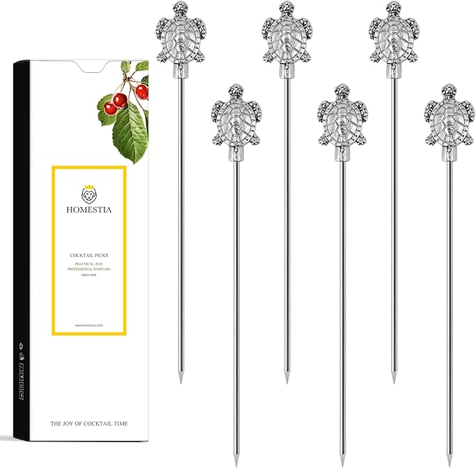 Homestia 4.6" Stainless Steel Cocktail Picks, 6PCS Turtle Design Metal Drink Garnish Skewers - Food Grade 304 Stainless Steel Fruit Picks for Cocktails, Appetizers, Olives, Party Decor - Reusable
